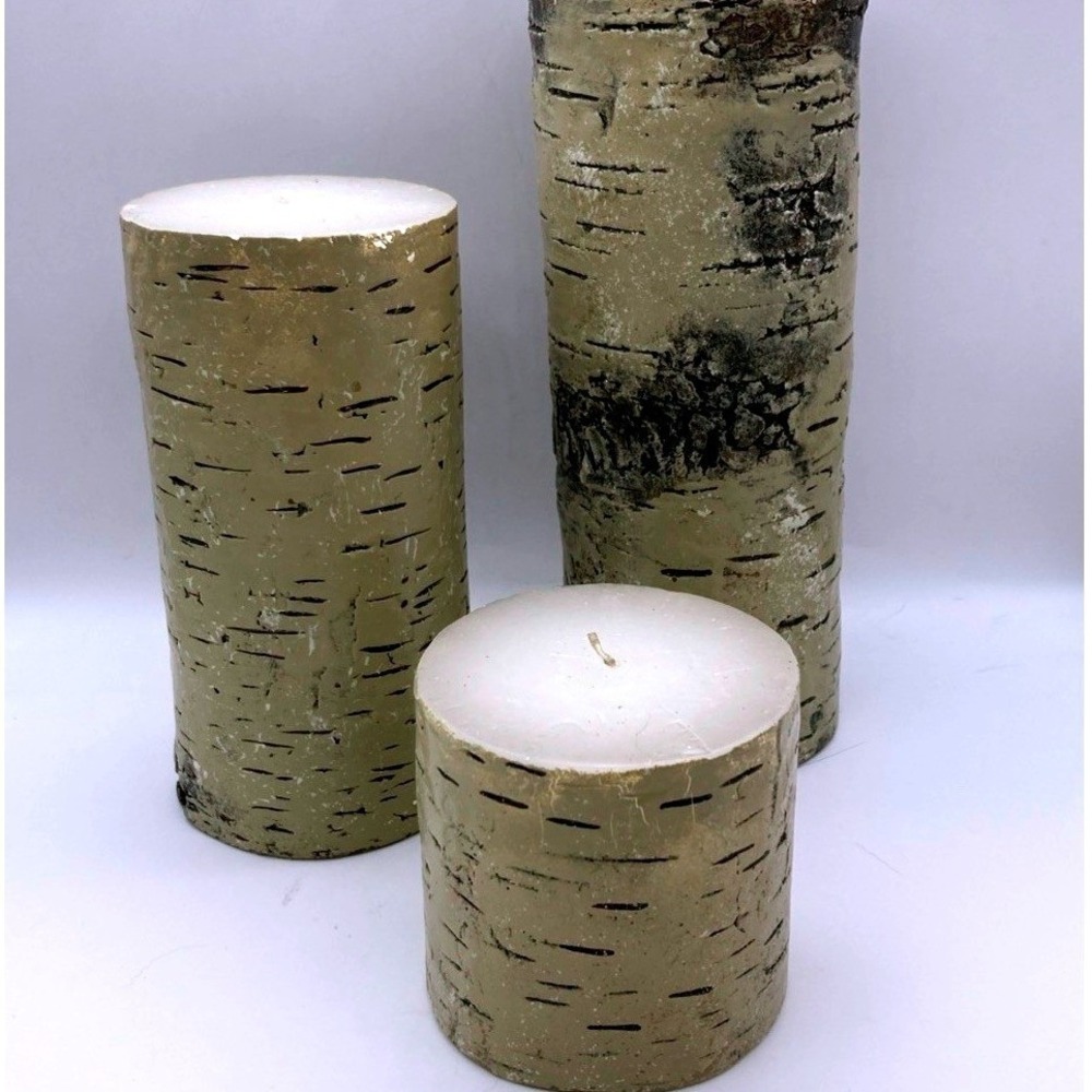 Pier One Faux Birch Candles Pedestal Set (3) Christmas Winter Rustic Cabin